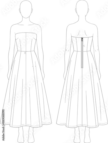 Strapless midi dress sketch, fitted bodice with pleats, flared skirt, zipper back, front and back view, flat vector illustration