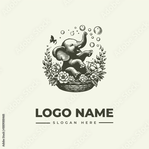 A vintage-style woodcut illustration of an elephant surrounded by flowers and leaves in a basket with bubbles and a butterfly on a clean white background, incorporating a logo design with a