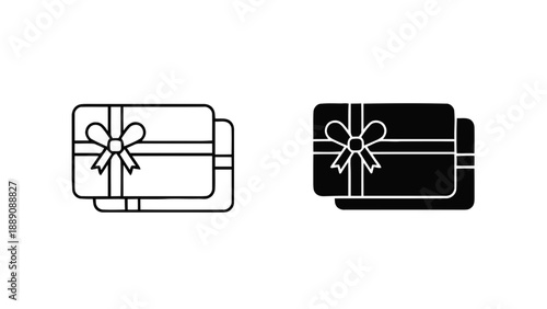 Vector illustration of gift cards with ribbon and bow, outline and solid icons, on transparent background