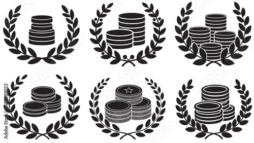 Badge Laurel Emblem Featuring Stacked Coins Representing Financial Achievement, Reward And Incentive