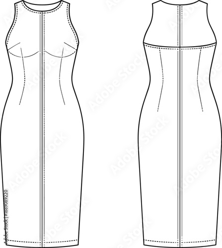 Technical fashion illustration of fitted sleeveless dress front and back view, princess seams, darts, high neckline - flat vector illustration