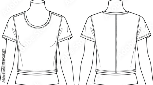 Technical fashion illustration of crop top front and back view, bust darts, round neckline, center seam – flat vector design
