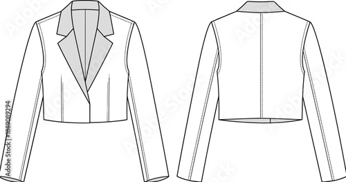 Technical fashion illustration of cropped blazer front and back view, princess seams, notched lapel, single-breasted – flat vector design