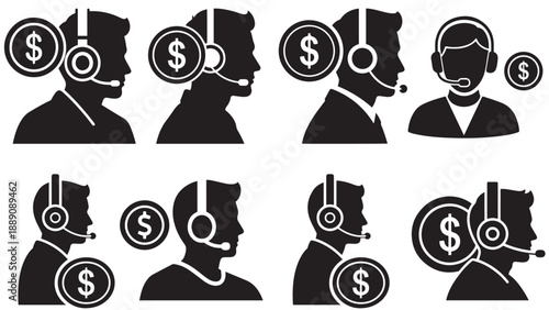 Solid Icon Of A Person With Headset And Coin Representing Financial Customer Support, Billing Help And Payments Assistance
