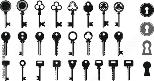 Skeleton key silhouette icon set with antique and modern shapes for security locks mystery and vintage designs