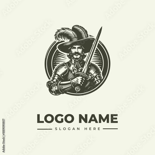 Vintage engraving of a knight in armor holding a sword and wearing a feathered hat, with a circular emblem and sunburst design on a beige background, exemplifying a logo design concept.