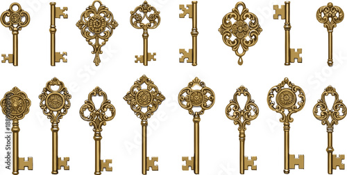 Vintage ornate golden key illustration set with antique decorative designs for locks collectibles and luxury branding