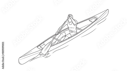A detailed line drawing depicts a person paddling a long narrow canoe through water with visible waves