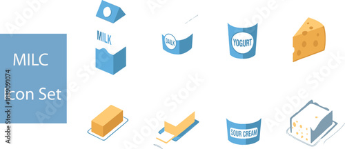 Print Isometric Flat Color Dairy Icon Set Featuring Milk Cartons Yogurt Cups Sour Cream and Butter Blocks in Blue and Yellow Tones