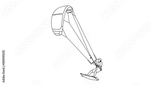 A minimalist line drawing depicts a kitesurfer riding ocean waves with a large curved kite high quality