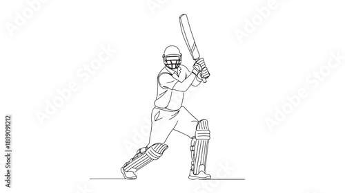 A detailed line drawing depicts a cricket batsman in mid swing prepared to hit the ball