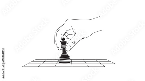 A hand reaches down to move a black chess king piece upon a checkered chessboard surface