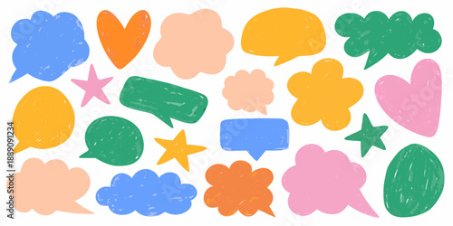 Colorful assortment of hand drawn speech bubbles stars and hearts on white