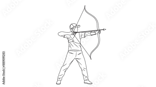 A detailed line drawing depicts an archer poised with a drawn bow focused on their target