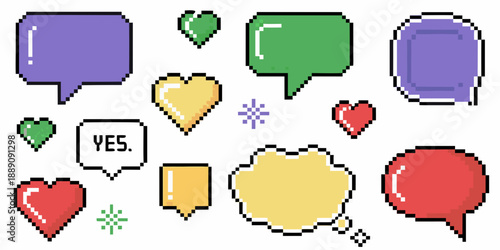 Colorful pixel art speech bubbles and hearts on a white background