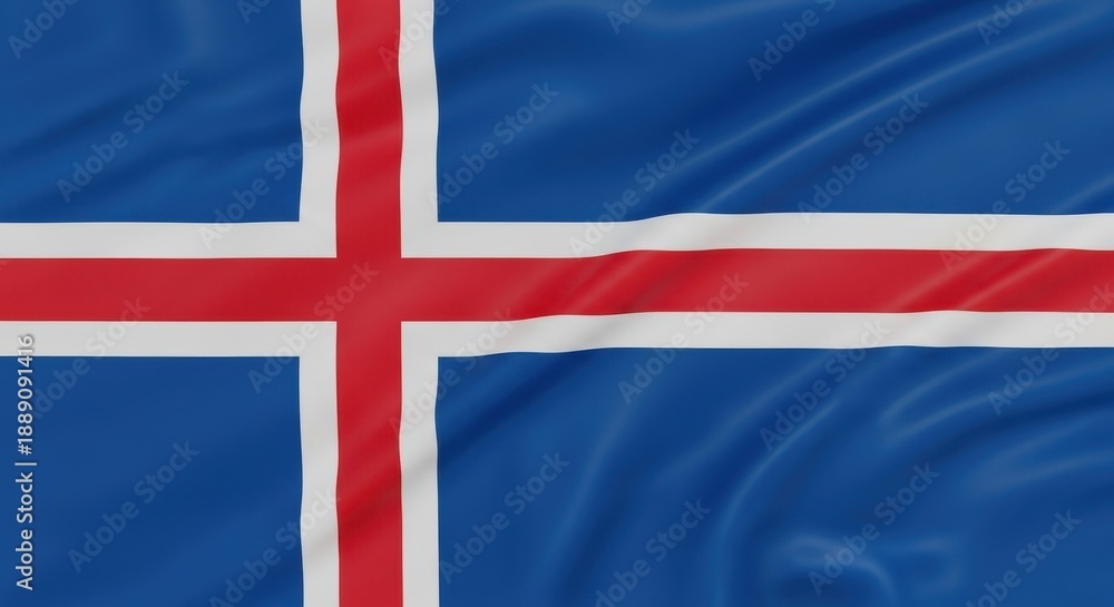 Fototapeta premium Close-up of the national flag of Iceland waving in the wind, featuring a blue field with a red Nordic cross outlined in white.