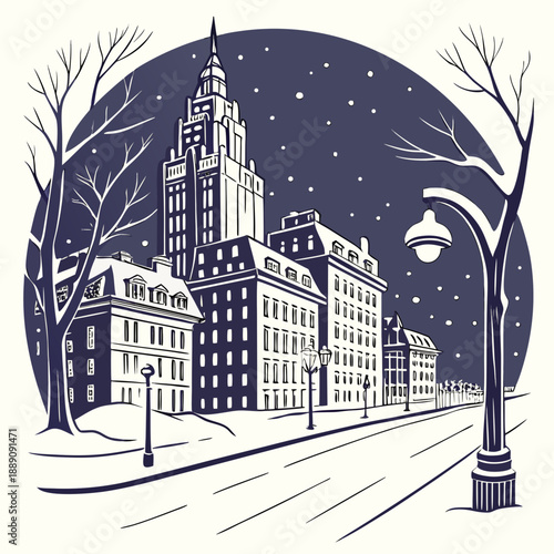 Snowy cityscape at dusk