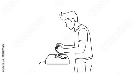 A minimalist line drawing depicts a person intently focused on operating a classic arcade joystick high quality
