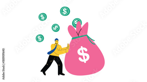A cartoon man pushing a large pink money bag with dollars floating around