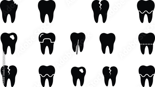 Dental tooth health and treatment icon set in solid silhouette style showing cavity cracked tooth filling braces extraction and hygiene symbols isolated for medical infographic and clinic design