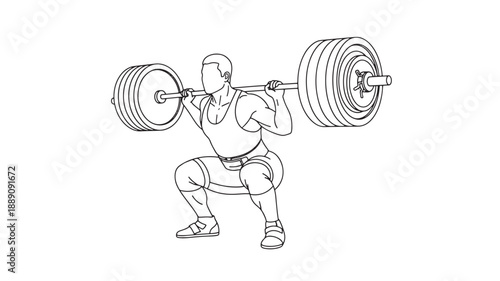 A detailed black and white line drawing depicts a muscular man performing a barbell back squat exercise