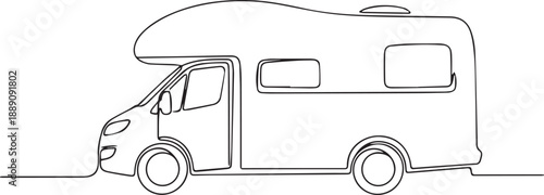 A continuous line drawing depicting a recreational vehicle camper van