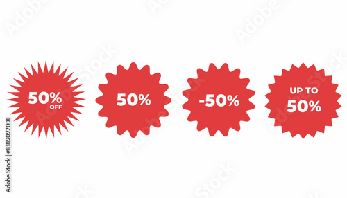 Flat vector illustration of red discount sale badges with starburst shapes displaying “50% OFF”, “50%”, and “UP TO 50%”, bold promotional design for retail and marketing use.