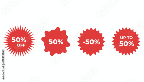 Flat vector illustration of red discount sale badges with starburst shapes displaying “50% OFF”, “50%”, and “UP TO 50%”, bold promotional design for retail and marketing use.