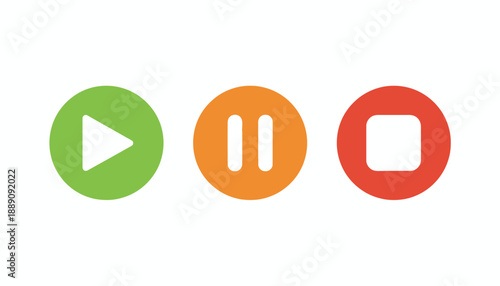 Flat vector illustration of media control buttons: green play, orange pause, and red stop icons in circular shapes, clean minimal UI design for video and audio players.