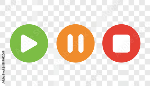 Flat vector illustration of media control buttons: green play, orange pause, and red stop icons in circular shapes, clean minimal UI design for video and audio players.