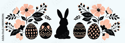 Easter bunny silhouette with decorated eggs and flowers in a festive springtime arrangement with pastel colors and black accents