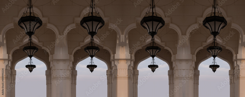 Fototapeta premium Eastern architecture, ancient-style buildings, domes and round roofs, arches and columns. On the streets of the Emirates, in public places.
