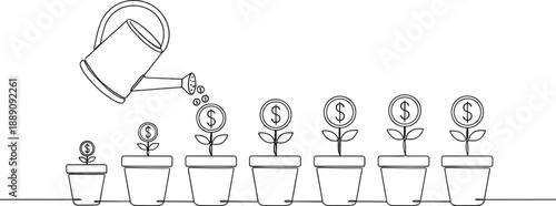 Business growth illustration with watering can nurturing money plants for investment finance success and startup concepts