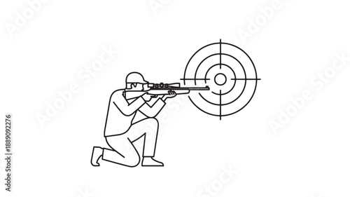 A simple black and white line drawing depicts a sniper aiming a rifle at a circular target