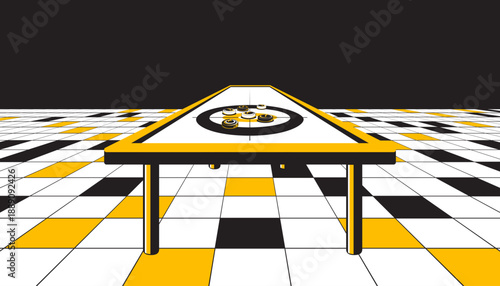 Table curling sport with chessboard pattern background. Sports concept
