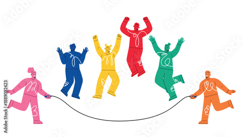 A group of colorful people jumping and celebrating together in harmony