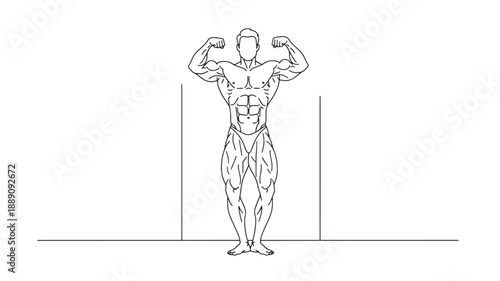 A detailed line drawing showcases a muscular man posing emphasizing his physique and symmetrical proportions high quality