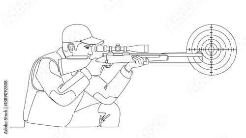 A detailed line drawing depicts a marksman aiming a scoped rifle at a target for precision shooting