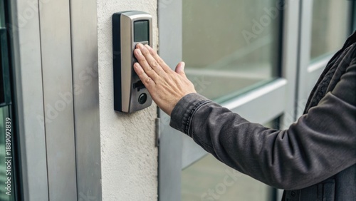 A person using a door intercom system to gain entry, showcasing modern security technology in a residential or commercial setting.