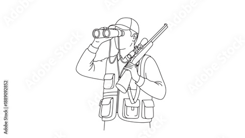 A simple line drawing depicts a hunter with binoculars and a rifle showcasing outdoor adventure high quality
