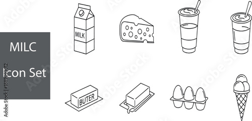 Print Perspective Line Icon Set for Dairy Products Featuring Milk Cartons Butter Sticks Cheese Wedges and Ice Cream Cones