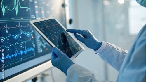 A healthcare professional interacts with a tablet displaying medical data and graphs, wearing gloves in a modern clinical environment.