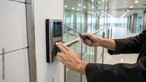 A person using a keypad access control system in a modern office environment.