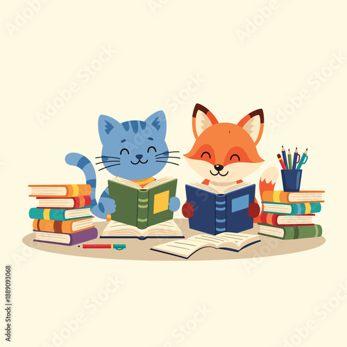 Cat and Fox Reading Together