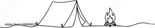 Simple line drawing of a tent and campfire scene in white background