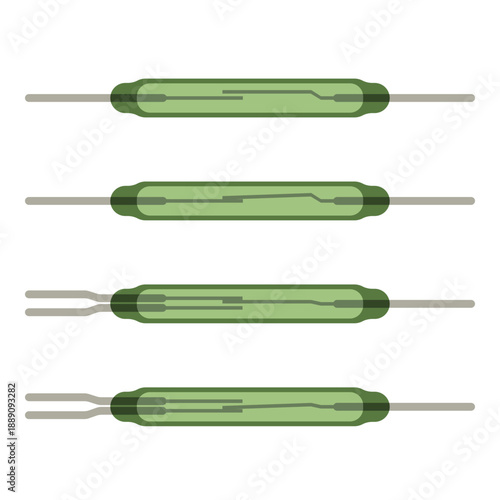 Reed switch and relay set. Electronic magnetic sensors  for technical schematics, DIY electronics prototyping guides, STEM educational materials, and industrial automation documentation