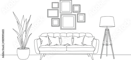 Modern living room interior line illustration with sofa floor lamp plant and wall frames for home decor designs