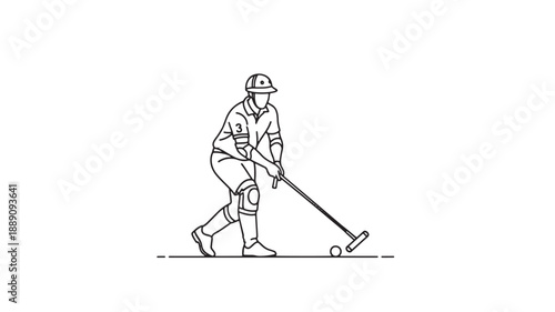 A simple line drawing depicts a polo player on horseback poised to strike the ball with a mallet