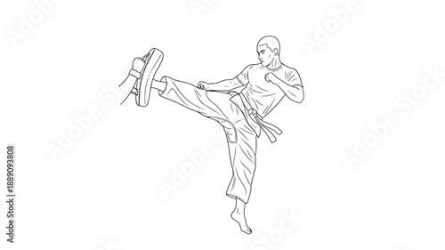 A black and white line drawing depicts a martial artist executing a dynamic front kick pose, performing a high kick, dynamic combat pose, traditional karate or taekwondo action