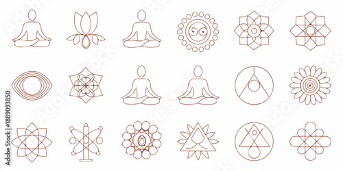 Collection of minimalist line art icons representing meditation spirituality and floral designs